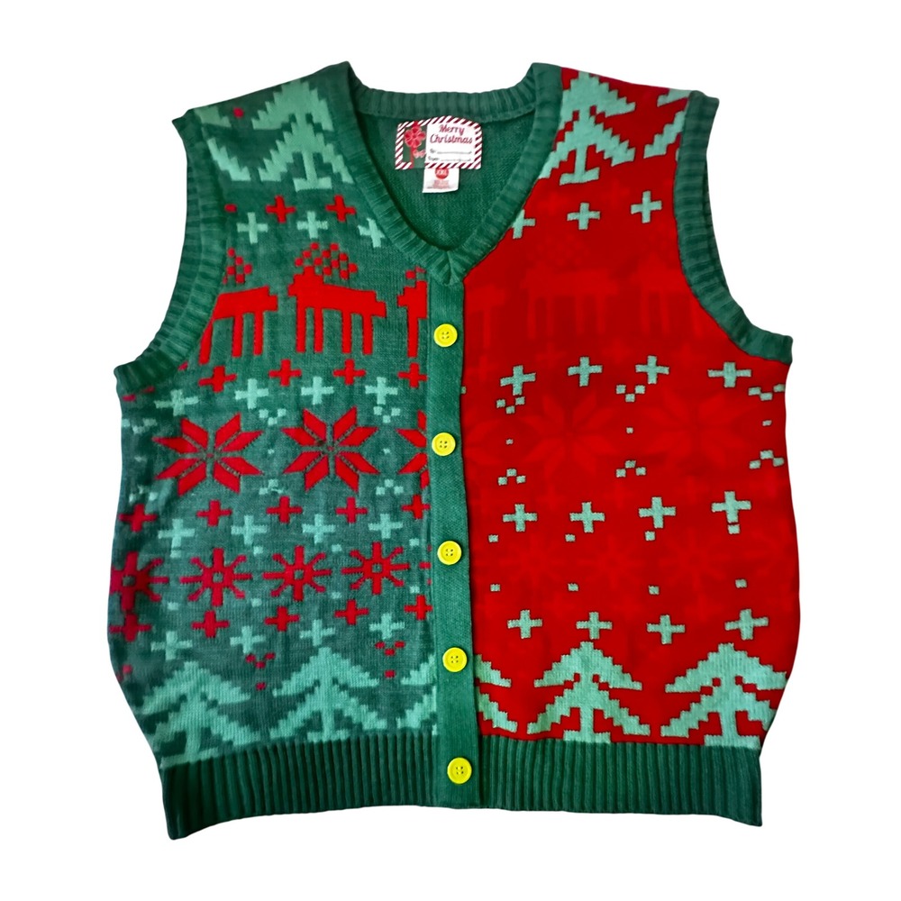 Merry Christmas Ugly Holiday Sweater Vest XXL Red Green Reindeer Snowflake Knit